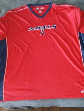 Genuine Merchandise Red V-Neck Angels Tee with Navy Trim